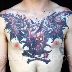 Bloody Skull with bat wings chest tattoo, new orleans tattoo, randy muller, eyecandy, icandytattoo, i candy, eye candy,